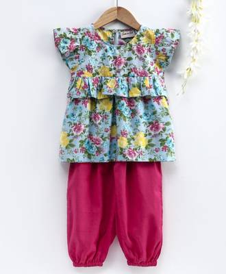 Girls Ruffle Cotton Top With Harem Pant-pink 2