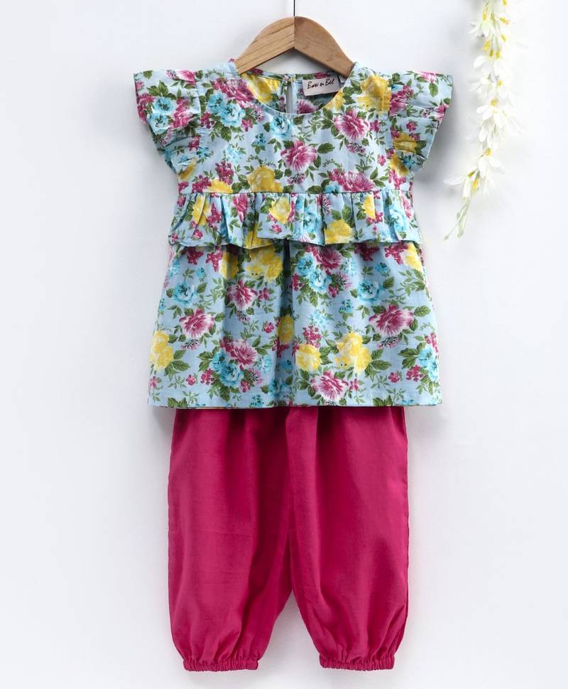 Girls Ruffle Cotton Top With Harem Pant-pink