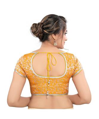 yellow Brocade Padded Round Neck Blouse 2