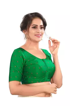Green Tafeta Silk Padded Round Neck Blouse