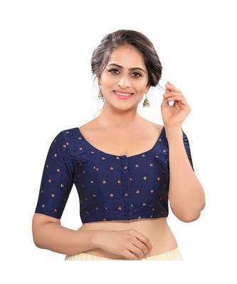 blue Tafeta Silk Padded Round Neck Blouse 1