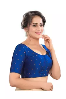 blue Tafeta Silk Padded Round Neck Blouse