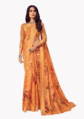 Designer party wear attractive traditional look digital print linen saree 1
