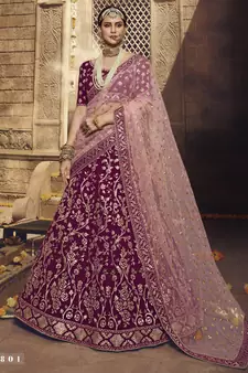 auspicious Wine thread, zari, sequins embroidered georgette semi-stitched lehenga