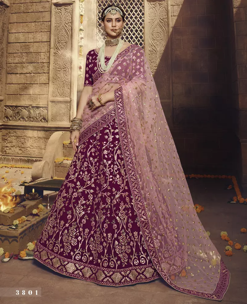 auspicious Wine thread, zari, sequins embroidered georgette semi-stitched lehenga