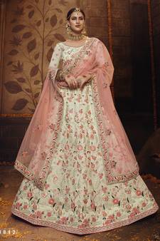 Mesmerizing Off-white colored gota, zarkan, thread and dori embroidered georgette fabric wedding Lehenga for bride