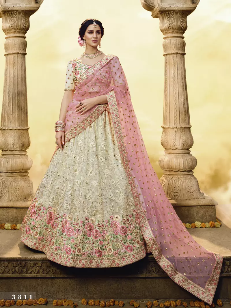 White embroidered georgette semi stitched lehenga