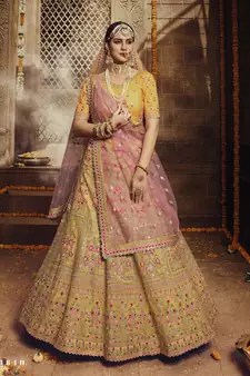 Yellow Zari, Sequins and Thread embroidered organza Semi Stitched bridal lehenga