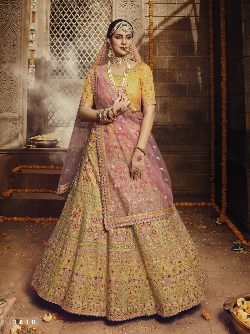 Yellow Zari, Sequins and Thread embroidered organza Semi Stitched bridal lehenga