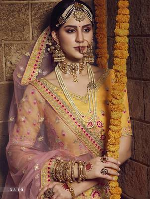 Yellow Zari, Sequins and Thread embroidered organza Semi Stitched Bridal Lehenga 2