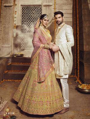 Yellow Zari, Sequins and Thread embroidered organza Semi Stitched Bridal Lehenga 3