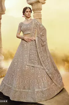 Light-brown Gota, Zarkan with thread embroidered georgette Semi Stitched bridal lehenga