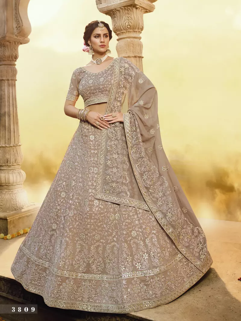 Light-brown Gota, Zarkan with thread embroidered georgette Semi Stitched bridal lehenga