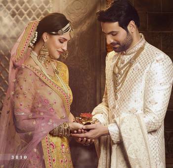 Yellow Zari, Sequins and Thread embroidered organza Semi Stitched Bridal Lehenga 4