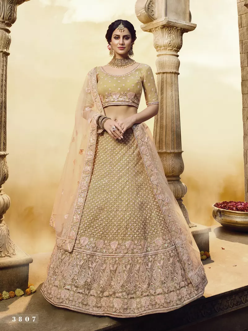 Golden embroidered silk Semi Stitched bridal lehenga