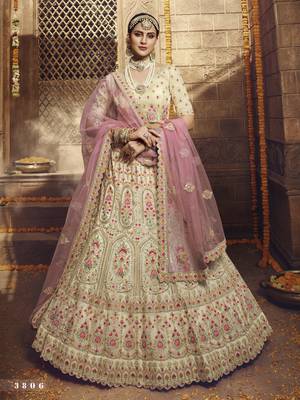 Cream Zari and Thread embroidered with stone work organza Semi Stitched Bridal Lehenga 1