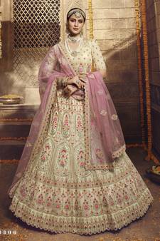 Cream Zari and Thread embroidered with stone work organza Semi Stitched bridal lehenga