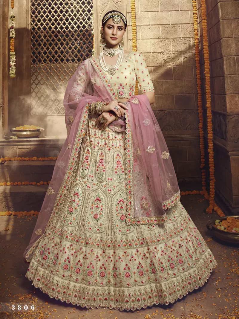 Cream Zari and Thread embroidered with stone work organza Semi Stitched bridal lehenga