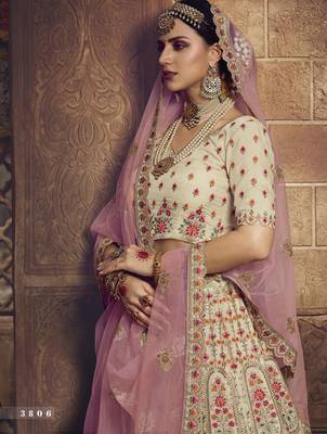 Cream Zari and Thread embroidered with stone work organza Semi Stitched Bridal Lehenga 2