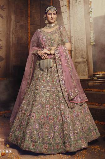 Light-brown sequins, zarkan, thread, zari embroidered georgette Semi Stitched bridal lehenga