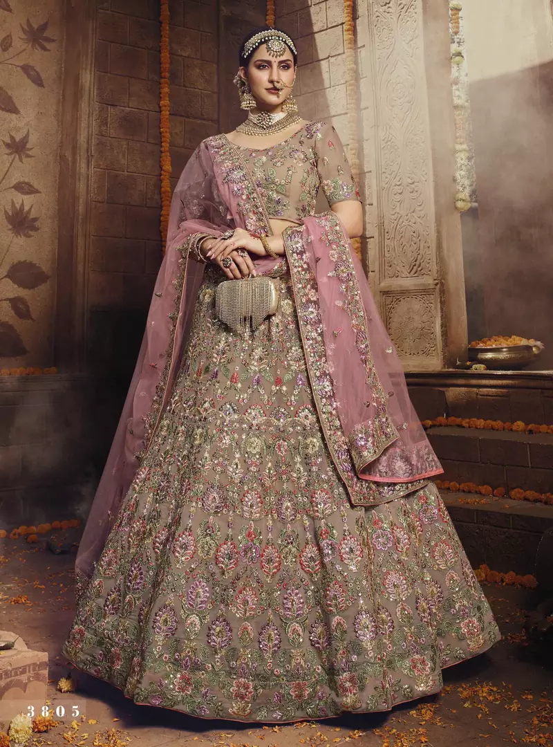 Light-brown sequins, zarkan, thread, zari embroidered georgette Semi Stitched bridal lehenga