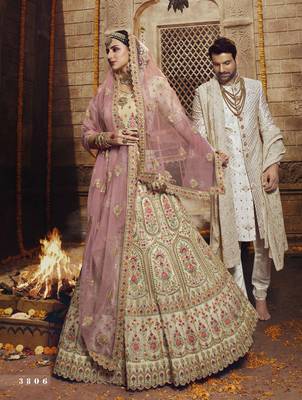 Cream Zari and Thread embroidered with stone work organza Semi Stitched Bridal Lehenga 3