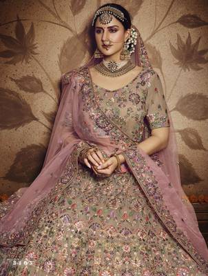 Light-brown sequins, zarkan, thread, zari embroidered georgette Lehenga choli for wedding 2