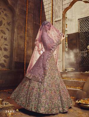 Light-brown sequins, zarkan, thread, zari embroidered georgette Lehenga choli for wedding 3