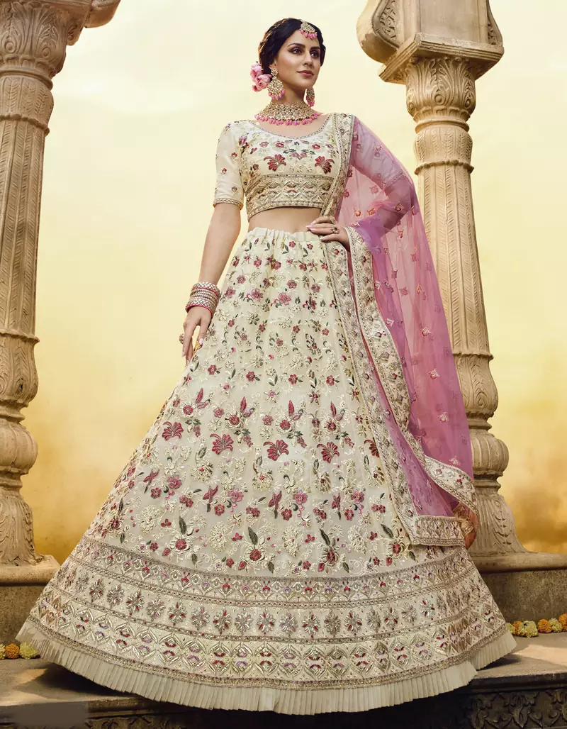 Off-white gota, thread, ruffle, zari, zarkan, dori embroidered georgette semi-stitched lehenga