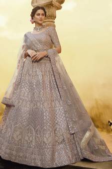 Onion-pink thread, sequins, zarkan embroidered crepe Semi Stitched bridal lehenga