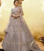 Onion-pink thread, sequins, zarkan embroidered crepe Semi Stitched Bridal Lehenga