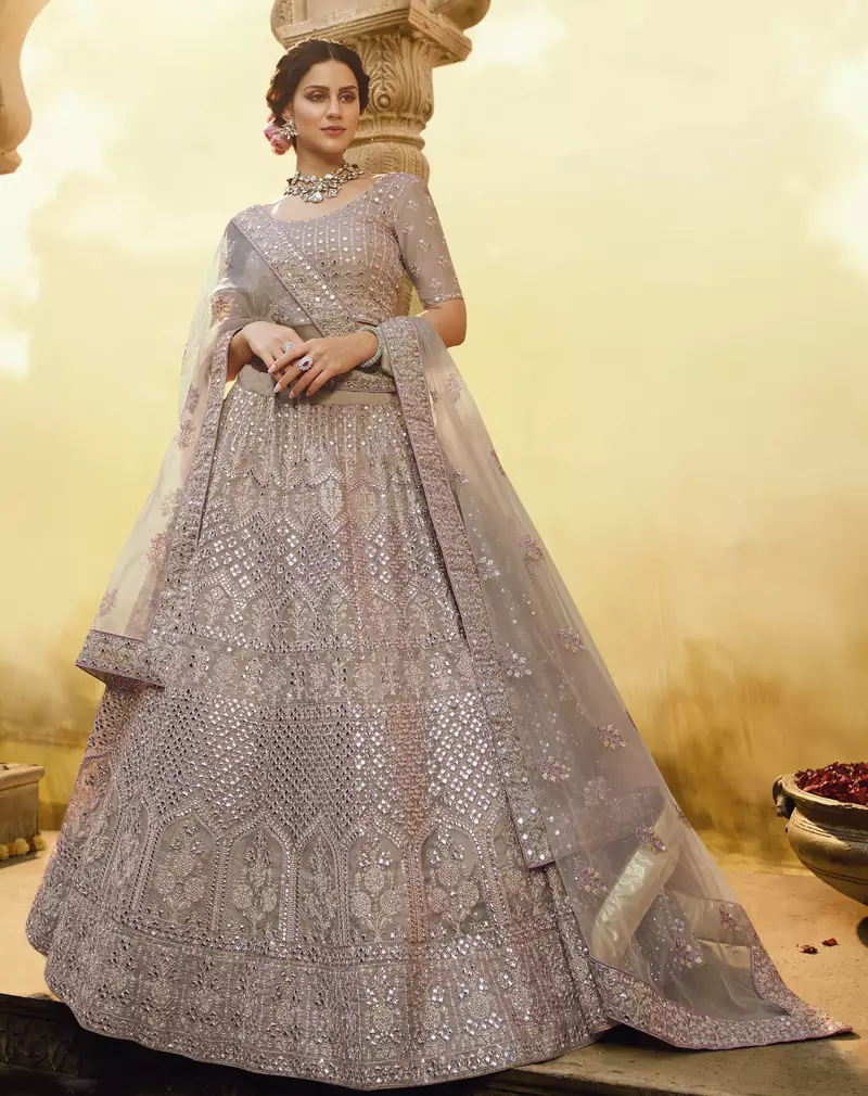 Onion-pink thread, sequins, zarkan embroidered crepe Semi Stitched bridal lehenga