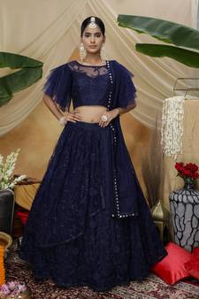 Navy-blue Thread and sequence embroidered net semi-stitched lehenga
