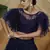 Navy-blue Thread and sequence embroidered net semi-stitched lehenga
