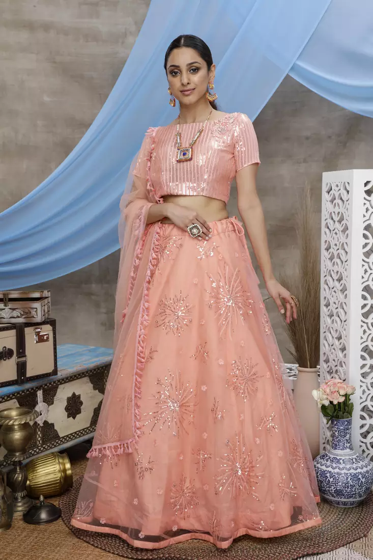 Orange thread and sequins embroidered net semi-stitched lehenga