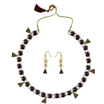 Dark Purple Stone Stud-Gold Platted Brass Necklace 1