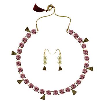 Dark Pink Stone Stud-Gold Platted Brass Necklace 1