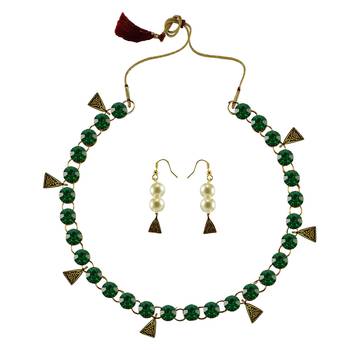 Dark Green Stone Stud-Gold Platted Brass Necklace 1