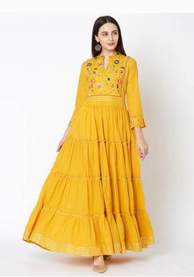 Yellow Colored Embroidery Worked Soft Cotton Kurti 1
