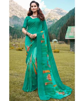 Green printed Georgette saree with blouse 1