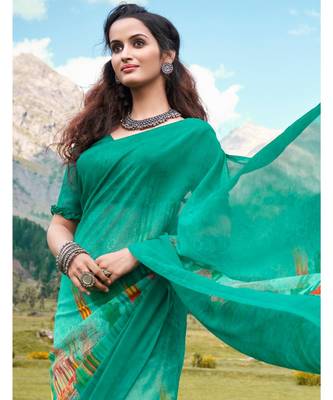 Green printed Georgette saree with blouse 2