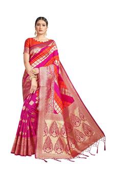 Rani Pink Woven Silk Blend Saree With Blouse