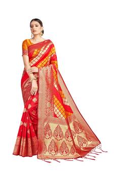 Red Woven Silk Blend Saree With Blouse
