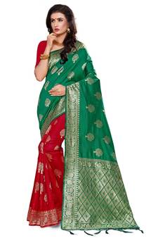 Green Woven Silk Blend Saree With Blouse