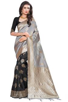 Grey Woven Silk Blend Saree With Blouse