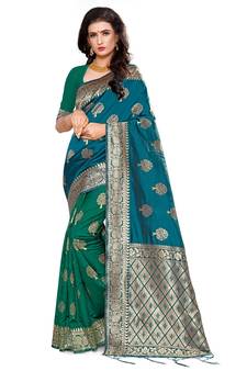 Blue Woven Silk Blend Saree With Blouse