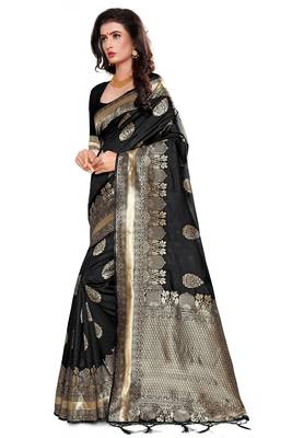 Black Woven Silk Blend Saree With Blouse 2