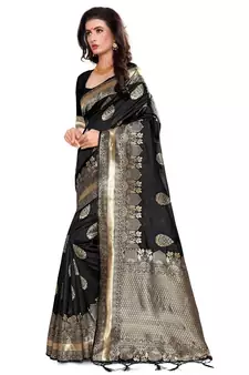 Black Woven Silk Blend Saree With Blouse