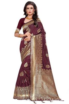 Maroon Woven Silk Blend Saree With Blouse 1