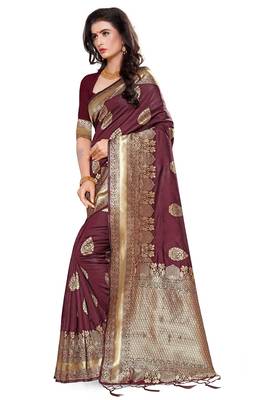 Maroon Woven Silk Blend Saree With Blouse 2